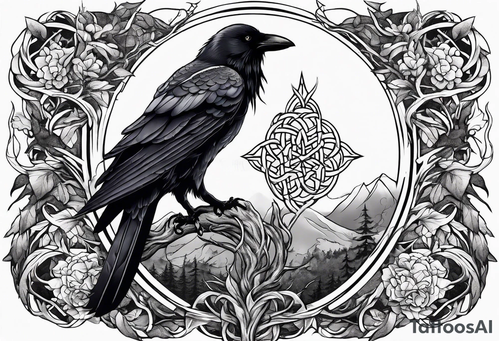 world tree with a cat and a raven and knotwork sleeve tattoo tattoo idea