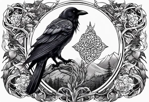 world tree with a cat and a raven and knotwork sleeve tattoo tattoo idea