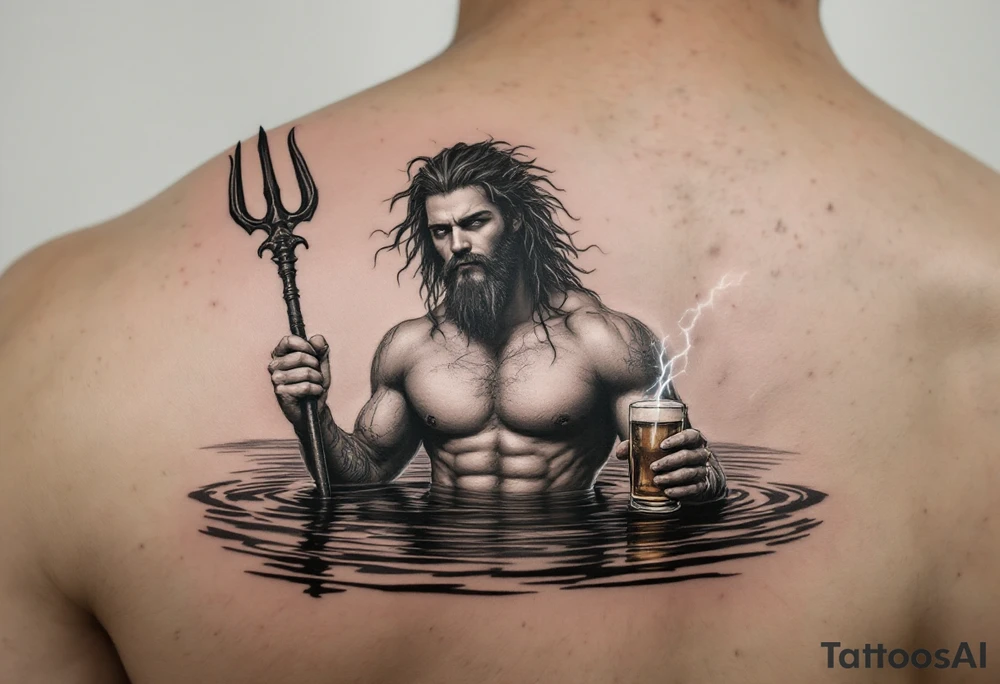 young, fit poseidon in calm water, holding a trident, holding a beer, with lightning tattoo idea