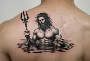 young, fit poseidon in calm water, holding a trident, holding a beer, with lightning tattoo idea