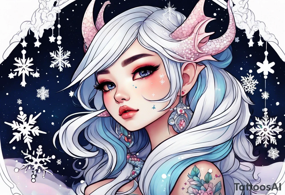 Constellation, kawaii dragon girl , snowflake tattoo idea