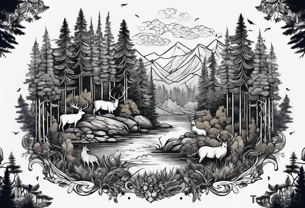 Forest with a lot of trees and animals roaming tattoo idea
