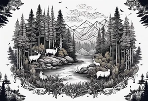 Forest with a lot of trees and animals roaming tattoo idea