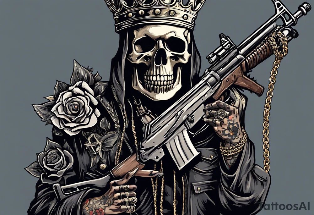 image of a skeleton standing frontally with a crown on his head, holding an AK-47 on his shoulder with his right hand. The chain on the left should be taut, there are three angry barking Dobermans in it, near the waist tattoo idea