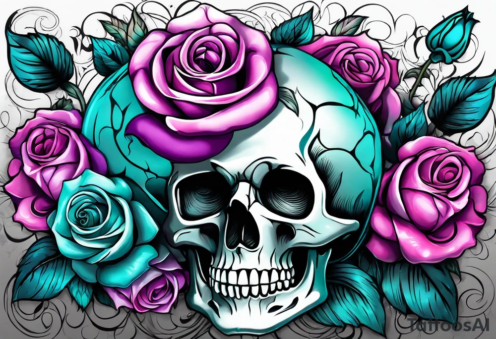 roses, skulls, teal, pink, purple tattoo idea