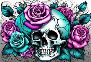 roses, skulls, teal, pink, purple tattoo idea