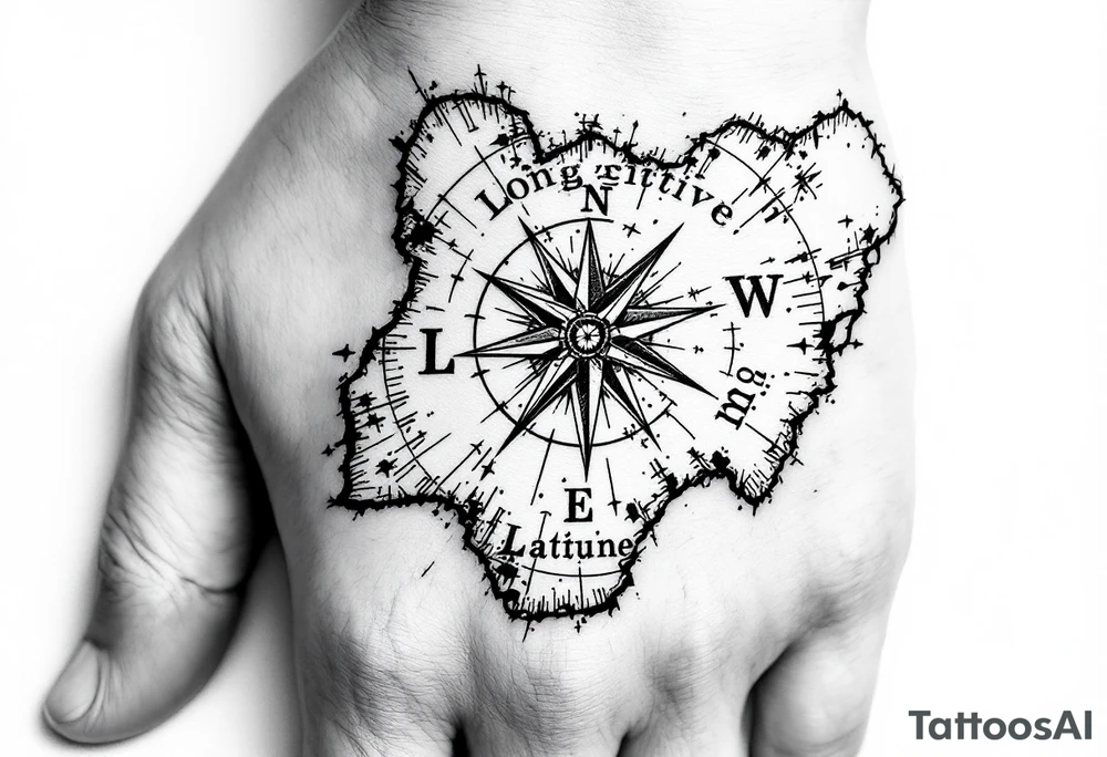 Compass on the back of the palm in the shape of Nigeria with longitude written on the top and latitude written on the bottom. tattoo idea