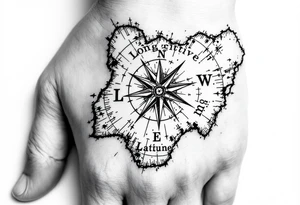 Compass on the back of the palm in the shape of Nigeria with longitude written on the top and latitude written on the bottom. tattoo idea