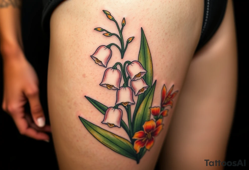 White lily in the valley bells with other different colored lilies surrounding tattoo idea