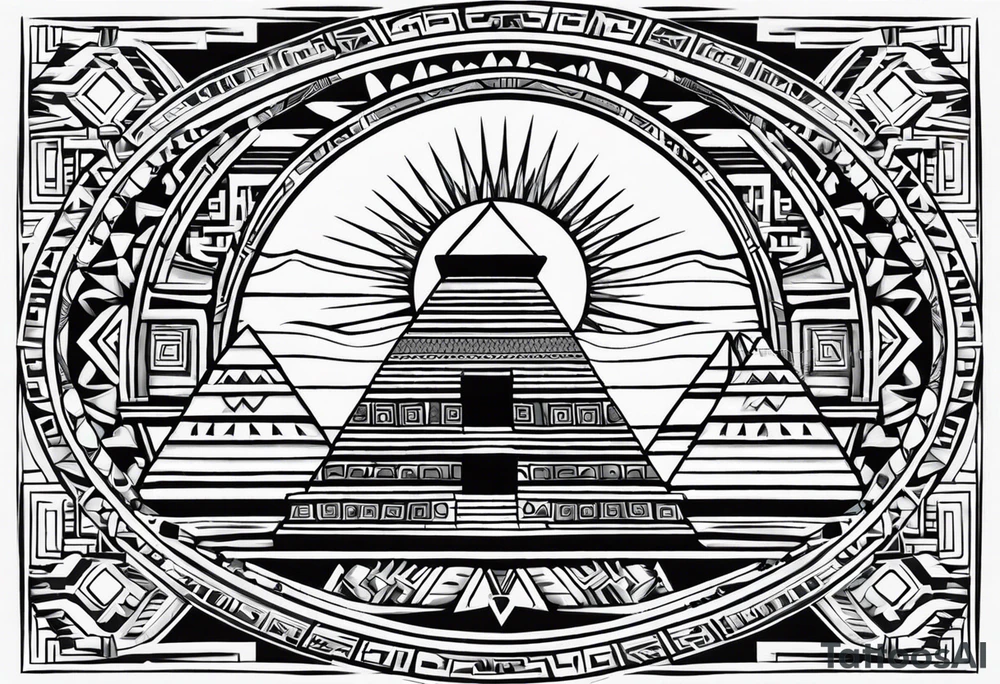 aztec sun background with pyramid in front with two aztec warriors on each side tattoo idea aztec sun background with pyramid in front with two aztec warriors on each side tattoo idea