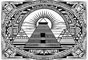 aztec sun background with pyramid in front with two aztec warriors on each side tattoo idea