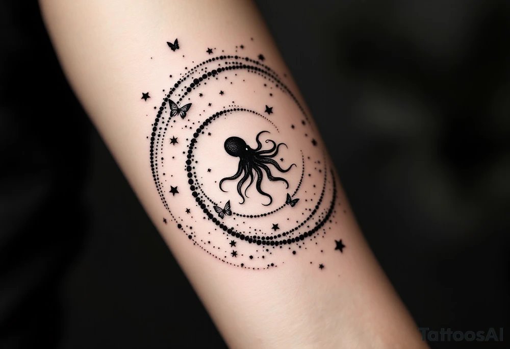 A minimalist dotwork tattoo design in the shape of a spiral galaxy. In the center, a small octopus is subtly integrated into the swirl, with flowing tentacles that extend along the spiral arms. The tentacles transform into elegant, curving lines resembling the flowing tails of koi or betta fish, partially in black ink and partially in fine red lines. Small stars are scattered throughout the galaxy shape, and two delicate butterflies hover near the edges. cosmic abstraction style, dotwork, fine line, with elements of Japanese graphic tattoo flow, minimalist octopus tattoo idea