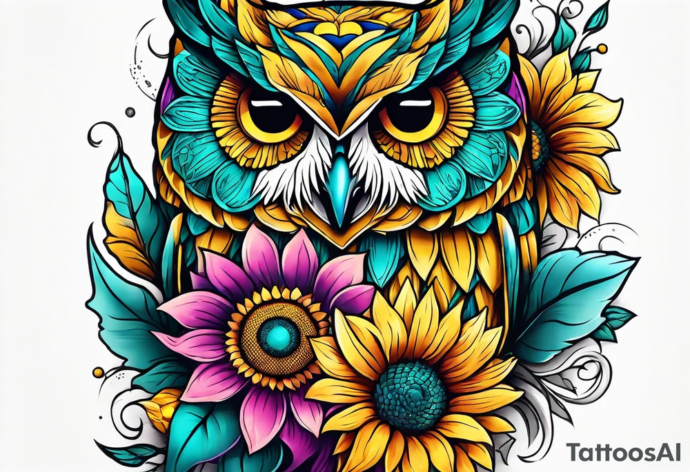 Leg Sleeve with teal, pink and purple owl and yellow sunflowers tattoo idea