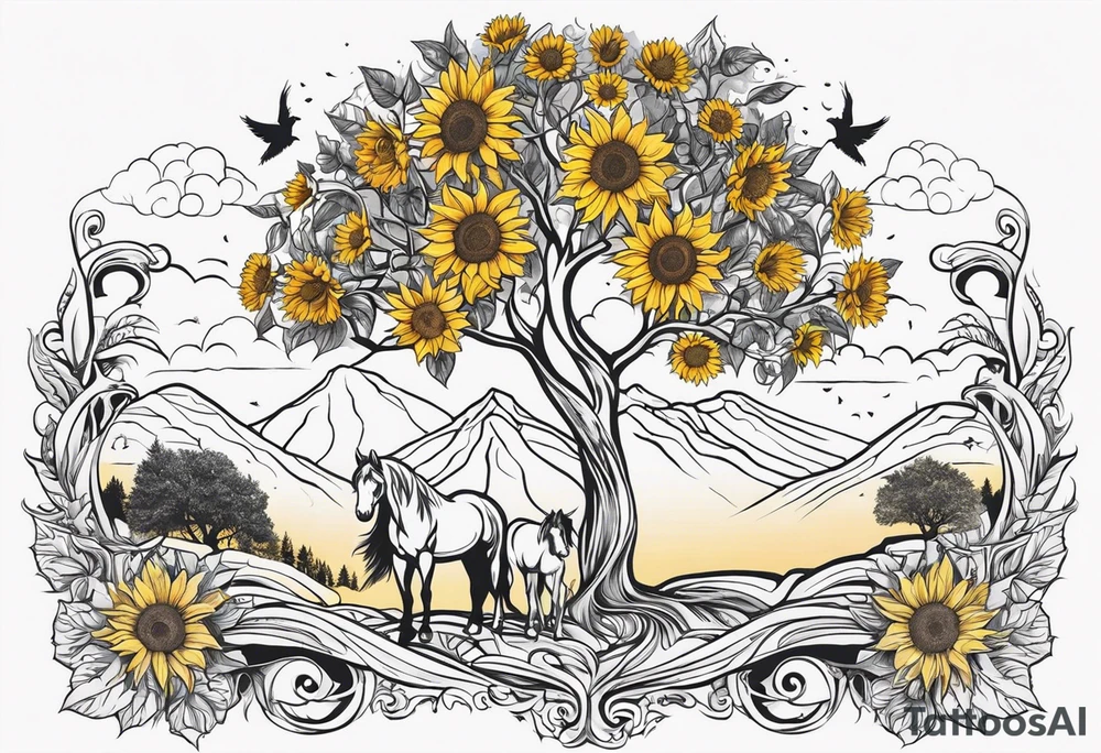 Yggdrasil tree, horse in front of it, and sunflowers tattoo idea