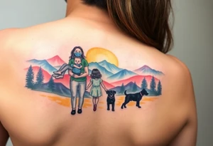 Family 2 parents, 1 baby boy in his mother’s arms, one 3-year girl holding the hand of the father and the mother and one black dog walking through the the sunset and mountains tattoo idea