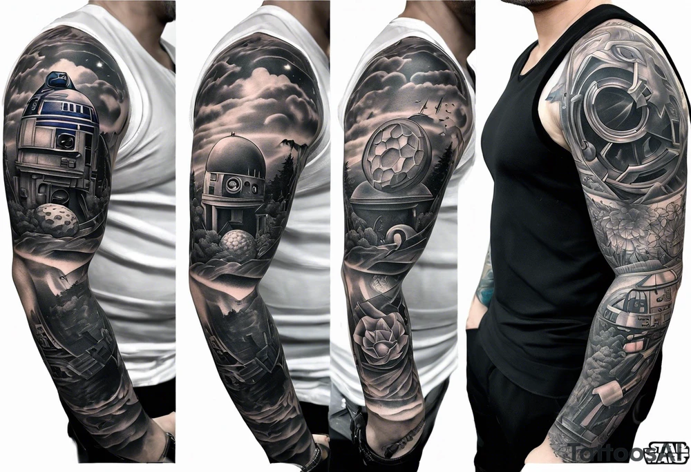 An upper sleeve shoulder tattoo that combines a Star Wars and a Golf theme tattoo idea