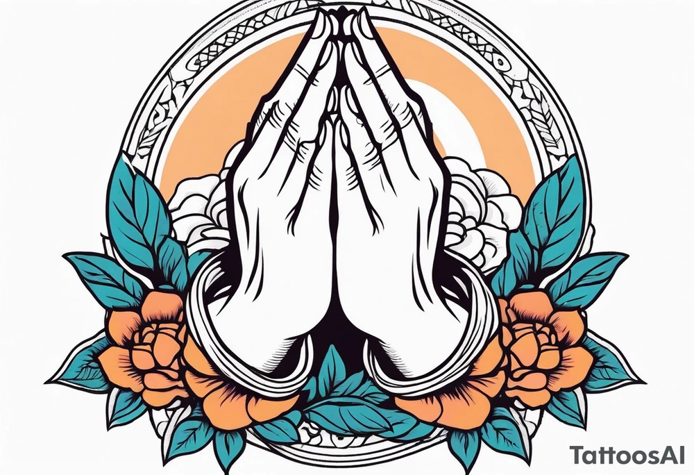 praying hands

old school vintage simple traditional design with vintage flowers surrounding
bold color simple tattoo idea