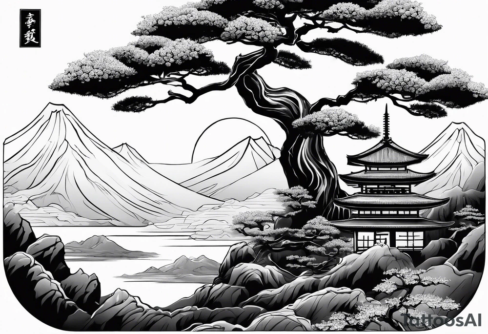 samurai and bonsai tree in japan tattoo idea