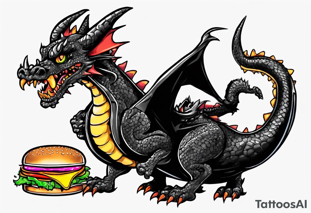 full body happy black dragon eating a cheeseburger tattoo idea