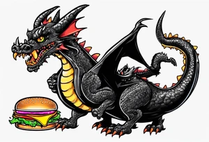 full body happy black dragon eating a cheeseburger tattoo idea