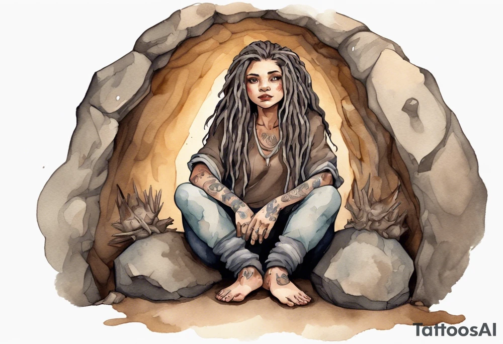 a plump mole woman with large round brown eyes grey fur and messy brown dreadlocks sitting in a simple stone throne in a cave tattoo idea
