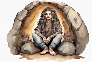 a plump mole woman with large round brown eyes grey fur and messy brown dreadlocks sitting in a simple stone throne in a cave tattoo idea