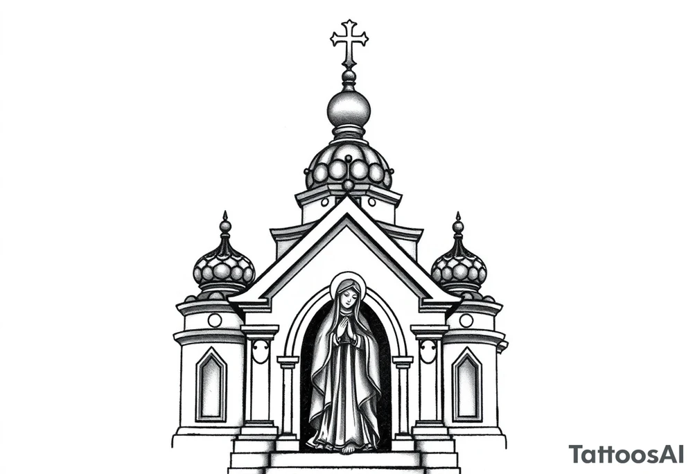 Flowing Scene

A onion domes orthodox church
Virgin Mary in prayer pose on the front doors of the russian orthodox church 
A small double headed russian coat of arms eagle or just the star tucked above the dome near the hairline tattoo idea
