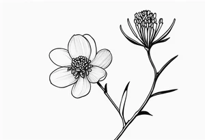 one very simple and no detailed Acacia pycnantha flower with stem in black and white, the few lines possible, fine-line tattoo idea