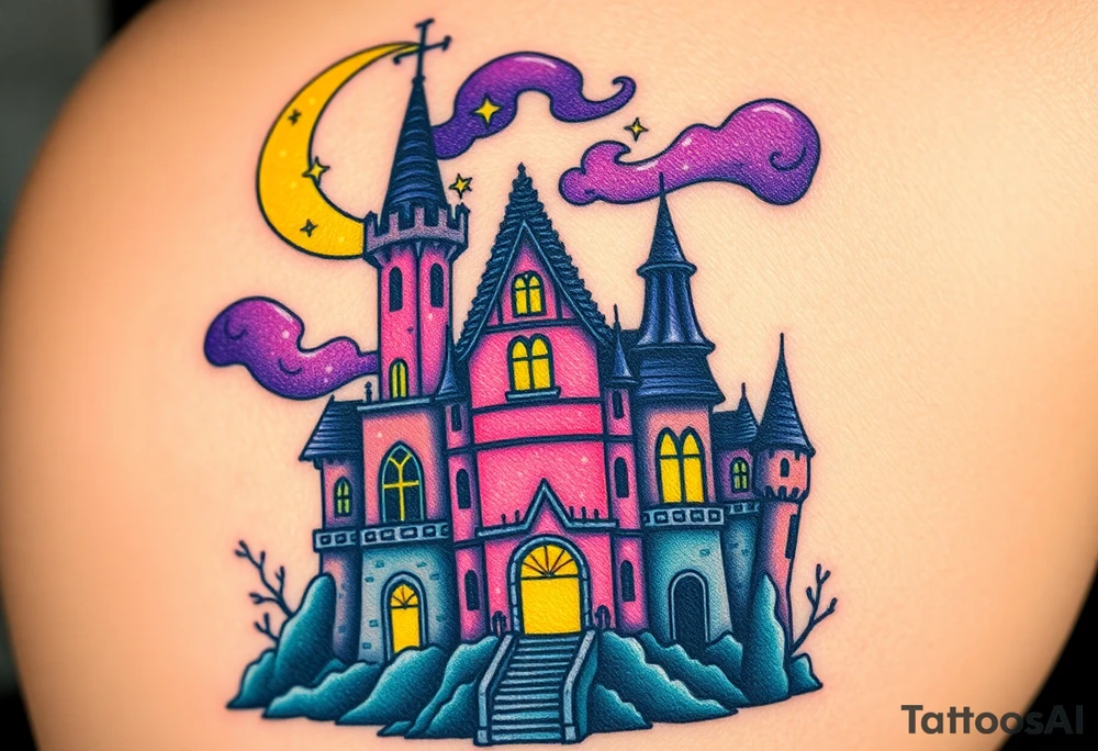 Tim Burton’s disney sleeping beauty’s haunted castle is abandoned and dripping with muted reds, dusty pinks, and eerie green glow.purple and cyan smokey clouds swirl in the crescent moonlit sky thats sprinkled with stars tattoo idea tattoo idea