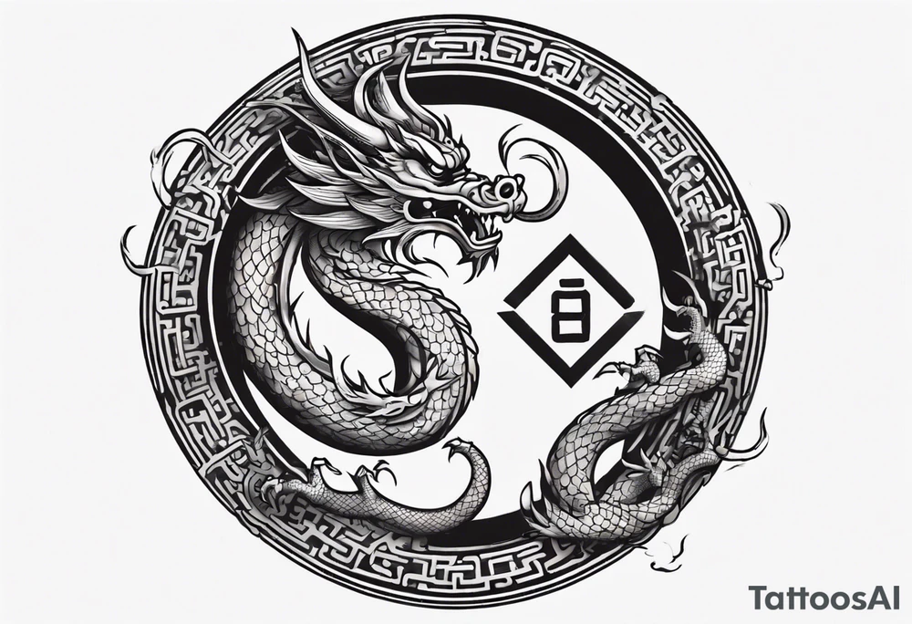Chinese dragon in a circular shape with "02.03" written on its skin tattoo idea