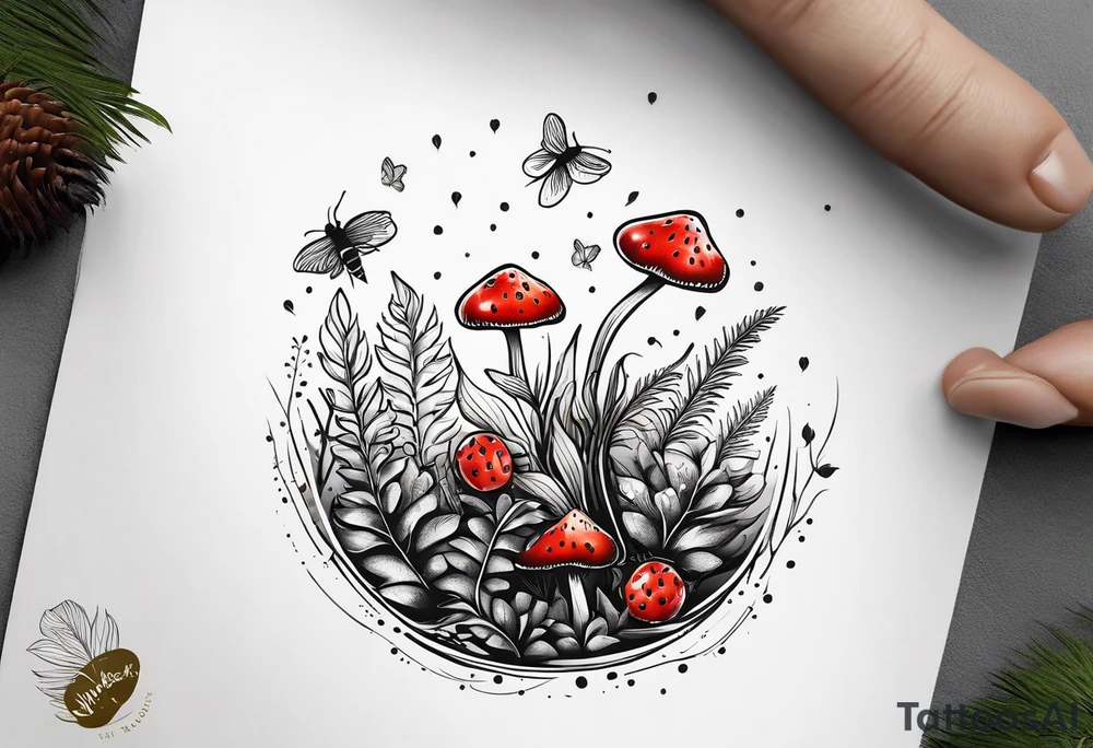 forest floor inspired minimalist tattoo, which includes grass, curly ferns and dead leaves as the bulk of the tattoo. details to include: three very tiny strawberries, a tiny bumblebee flying nearby, three small brown mushrooms tattoo idea