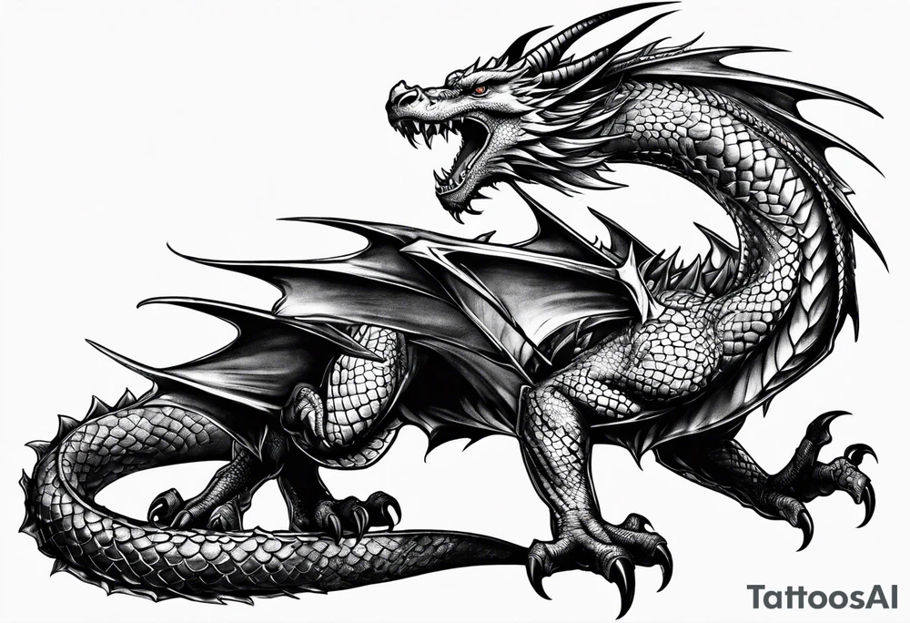 Realistic Medieval dragon climbing tattoo idea