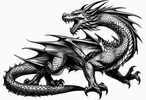 Realistic Medieval dragon climbing tattoo idea