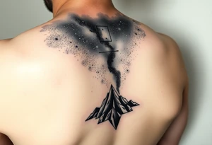 milky way that covers the upper middle back and is geometric that also uses negative spaces and plays with shading tattoo idea