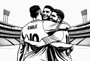 Ronaldo and babar Azam hugging with cricket and football ground on the backside tattoo idea