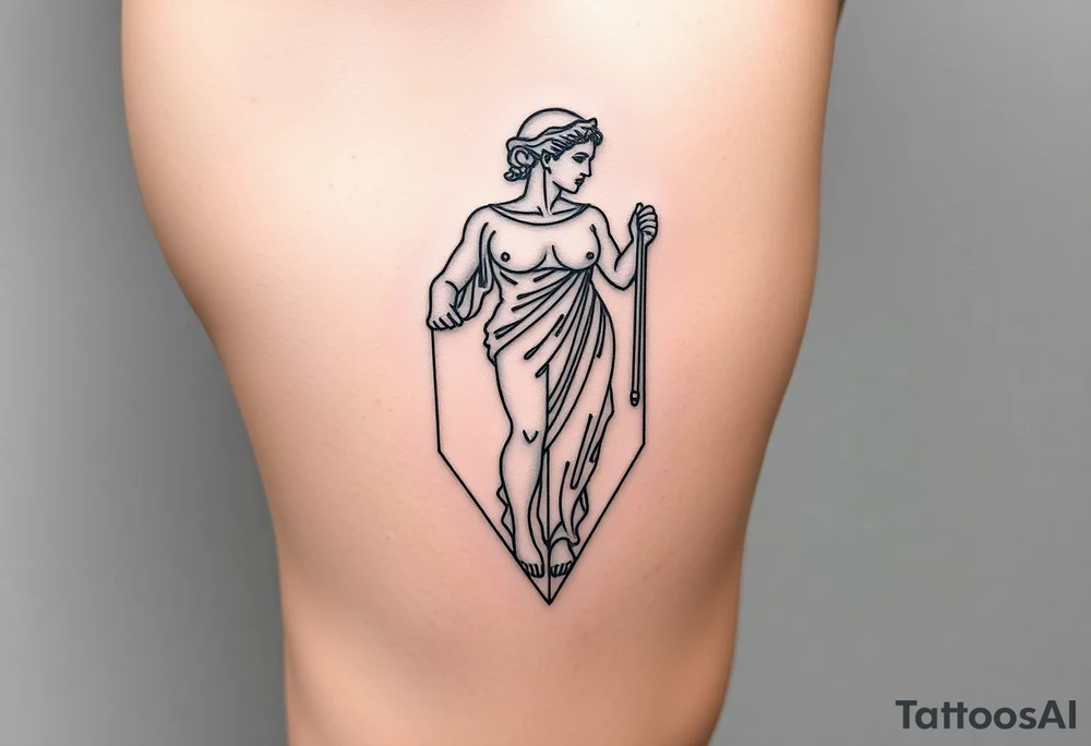 outer thigh tattoo greek sculpture female, fine line tattoo idea