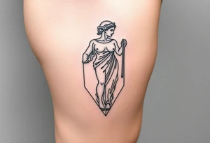 outer thigh tattoo greek sculpture female, fine line tattoo idea