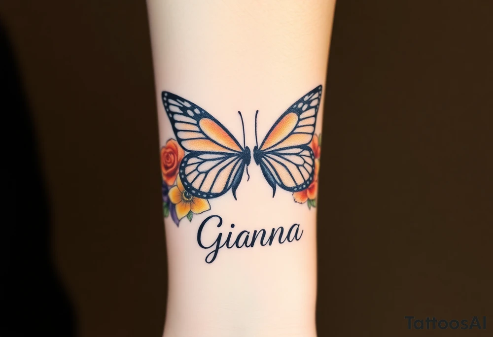 Beautiful majestic butterflies , surrounded by yellow, red and purple roses with the name Gianna tattoo idea