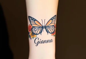 Beautiful majestic butterflies , surrounded by yellow, red and purple roses with the name Gianna tattoo idea