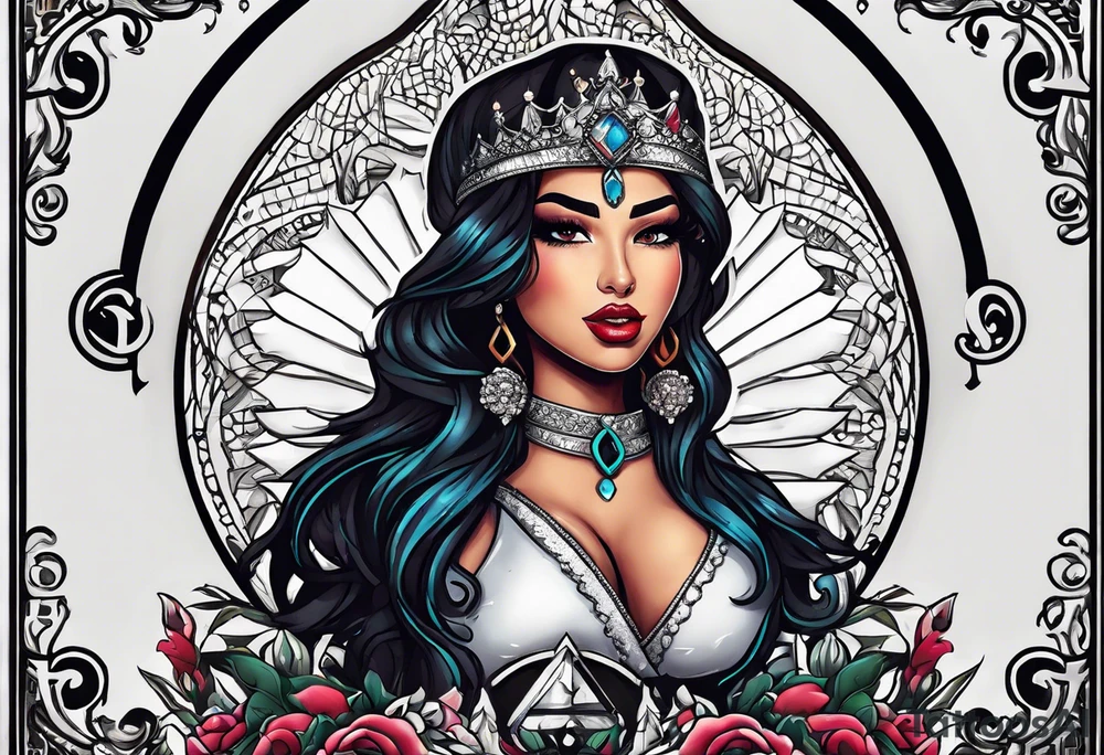 Latina Queen ahegao, drooling, happy, Spade Symbol with letter Q in the center of the spade framed tattoo idea