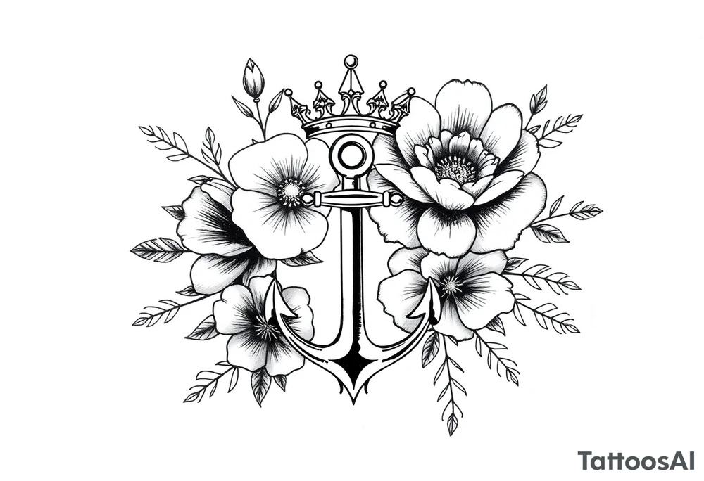 detailed beautiful gothic boho flowers with gorgeous crown and anchor tattoo idea