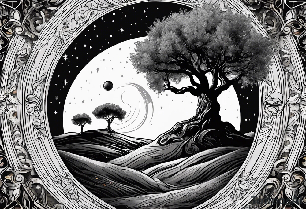 An olive tree in a black hole  with a small Saturn-like planet in in the background. tattoo idea