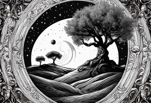 An olive tree in a black hole  with a small Saturn-like planet in in the background. tattoo idea