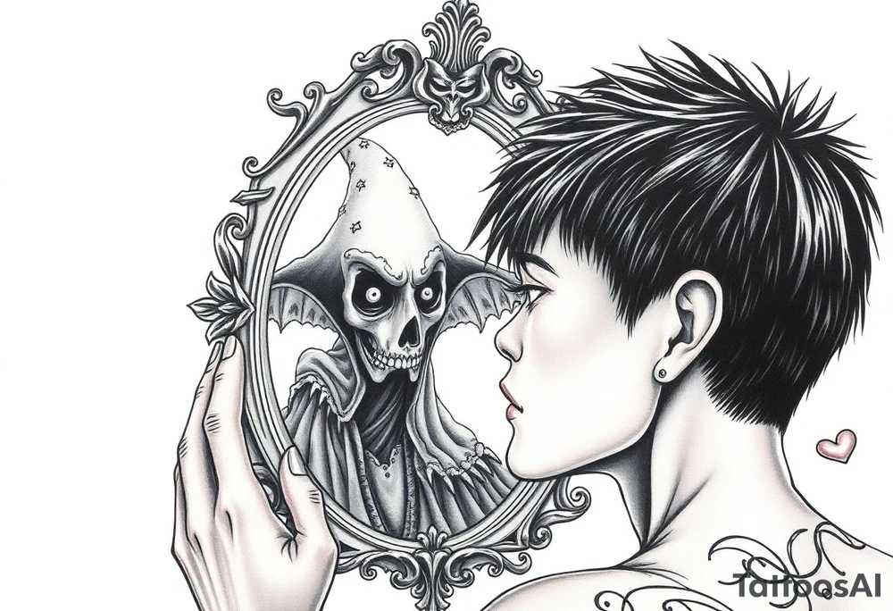 Handsome Asian young guy is looking in cursed mirror and see a witch tattoo idea