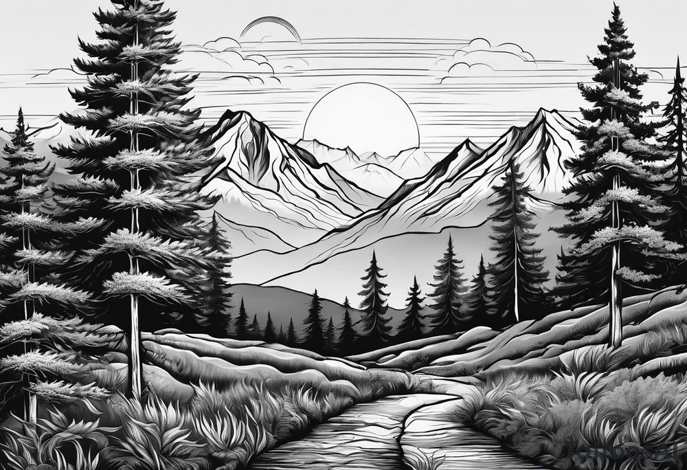 large trees in the front with mountain sides and sun tattoo idea