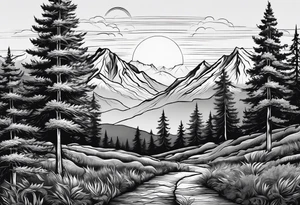 large trees in the front with mountain sides and sun tattoo idea