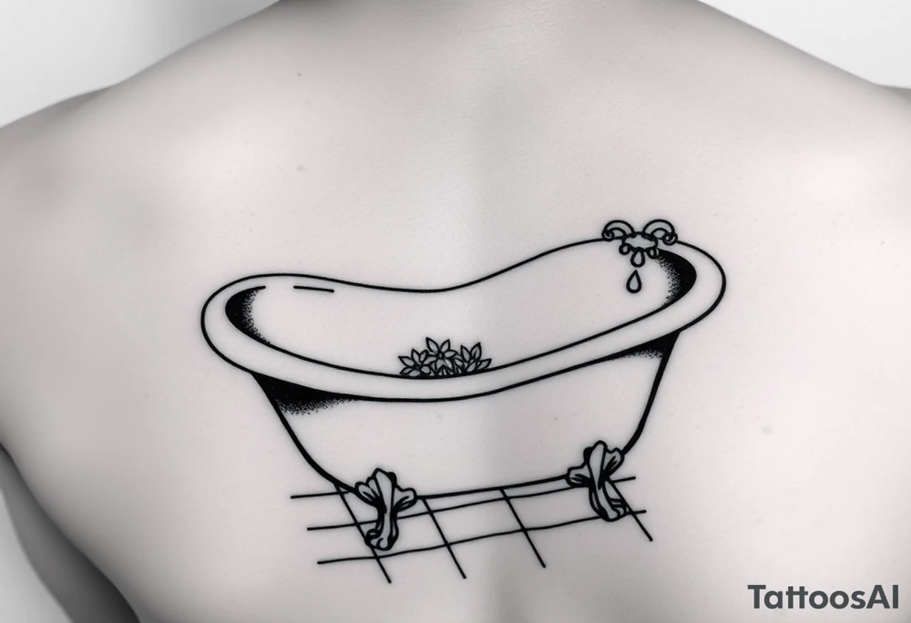 clawfoot bathtub with visible tile bathroom floor and a small bouquet of flowers on the floor tattoo idea