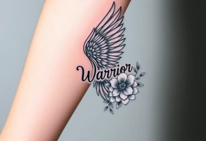 beautiful majestic angel wing with word "Warrior" and bold flowers tattoo idea