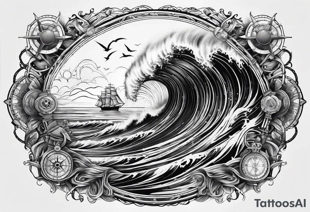 nautical vibe with various oceans, maps, waves, compass. tattoo idea nautical vibe with various oceans, maps, waves, compass. tattoo idea