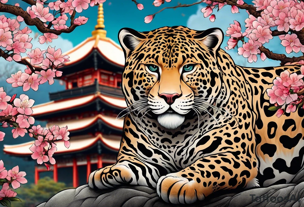 An irezumi style big cat, which looks like the traditional japanese drawing of a big cat. With the colour and pattern of a jaguar on the body of the big cat. It should be climbing upwards, with the head looking to the right. The background is a stylised cherry blossom tree with multiple shades of pink for the blossoms. The colours of the background are not dark, so that the jaguar stands out against the background. tattoo idea